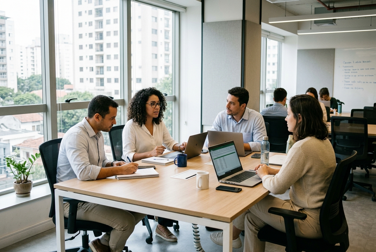Equipe Meridian em reunião de estratégia para e-commerce